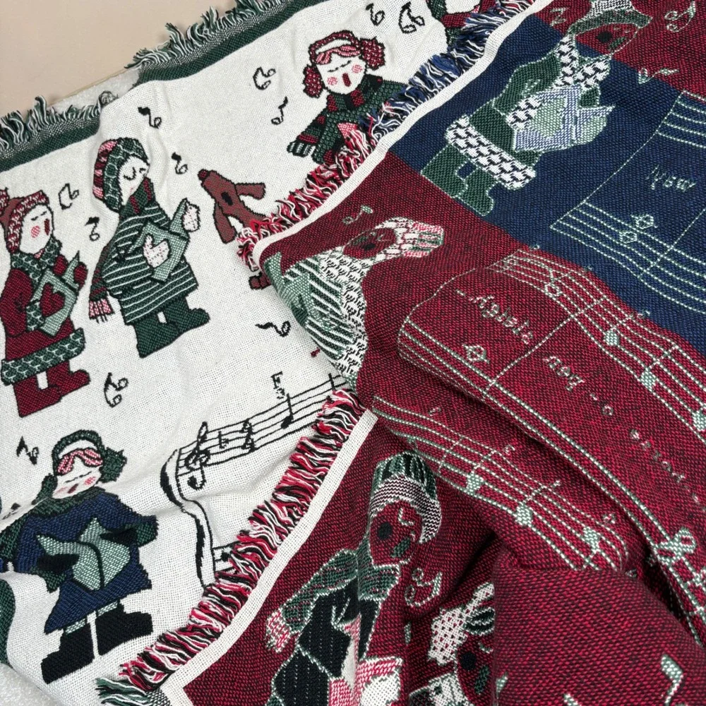 Vtg Jingle Bells Christmas Carolers Tapestry Throw Musical Notes Blanket